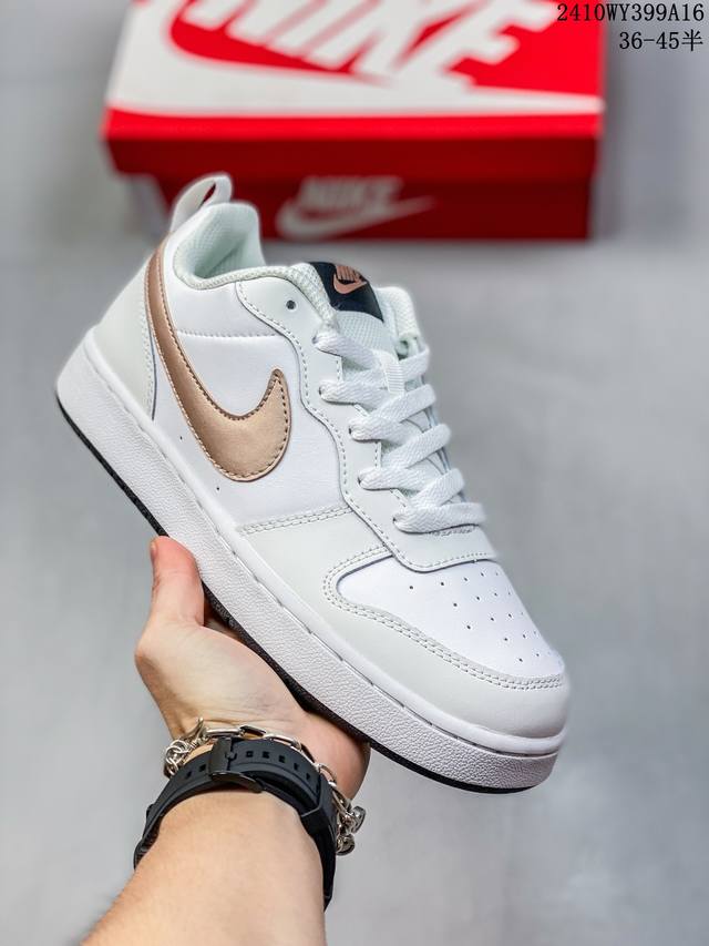 耐克 Nike 男女子运动鞋 Court Borough Low 小空军低帮板鞋。1.其皮革材质的鞋面结合网眼鞋舌，在出众外观与质感的同时提供稳固支撑，并且提升