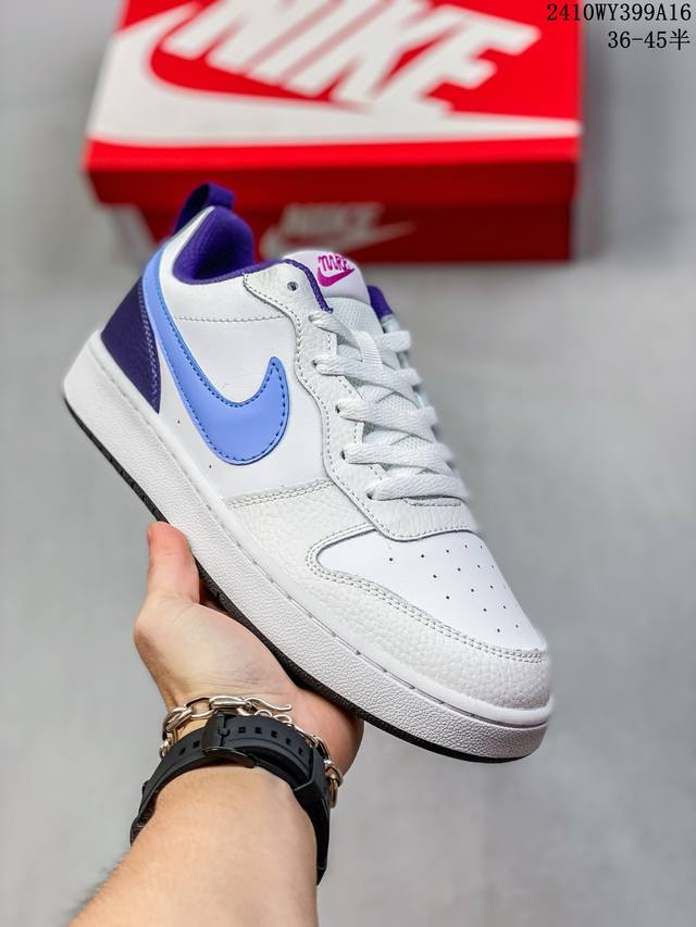 耐克 Nike 男女子运动鞋 Court Borough Low 小空军低帮板鞋。1.其皮革材质的鞋面结合网眼鞋舌，在出众外观与质感的同时提供稳固支撑，并且提升