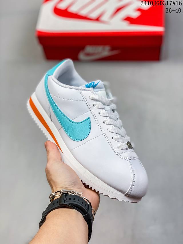 Nike Cortez Miami Dolphins 圆头系带舒适 皮革防滑低帮休闲跑步鞋男款白蓝橙 尺码：36-40 编码：10Jgd317A16