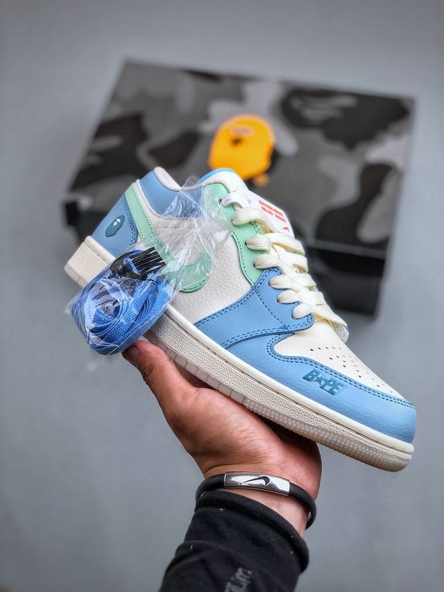 Air Jordan 1 Low Aj1 乔1 Bape联名-天青蓝 高端定制 低帮复古篮球鞋 Jj8688-006 #定制鞋盒 大厂纯原品质出货 超高清洁度