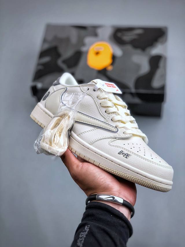 Travis Scott X Fragment Design X Air Jordan 1 Low Og Sp Aj1 乔1 Bape联名-米白灰边 低帮文化休