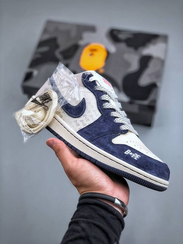 Air Jordan 1 Low Aj1 乔1 Bape联名-蓝灰猪八 高端定制 低帮复古篮球鞋 Wg8850-015 #定制鞋盒 大厂纯原品质出货 超高清洁度