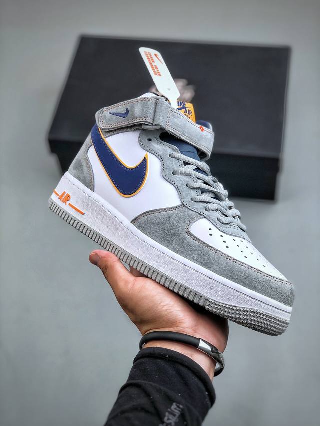 Nike Air Force 1 Mid 07 麂皮灰蓝橙原楦头原纸板 打造纯正中帮空军版型专注外贸渠道 全掌内置蜂窝气垫 原盒配件 原厂中底钢印、拉帮完美 官