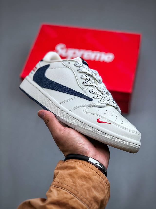 Travis Scott X Fragment Design X Air Jordan 1 Low Og Sp Aj1 乔1 Supreme联名-米白蓝牛仔勾