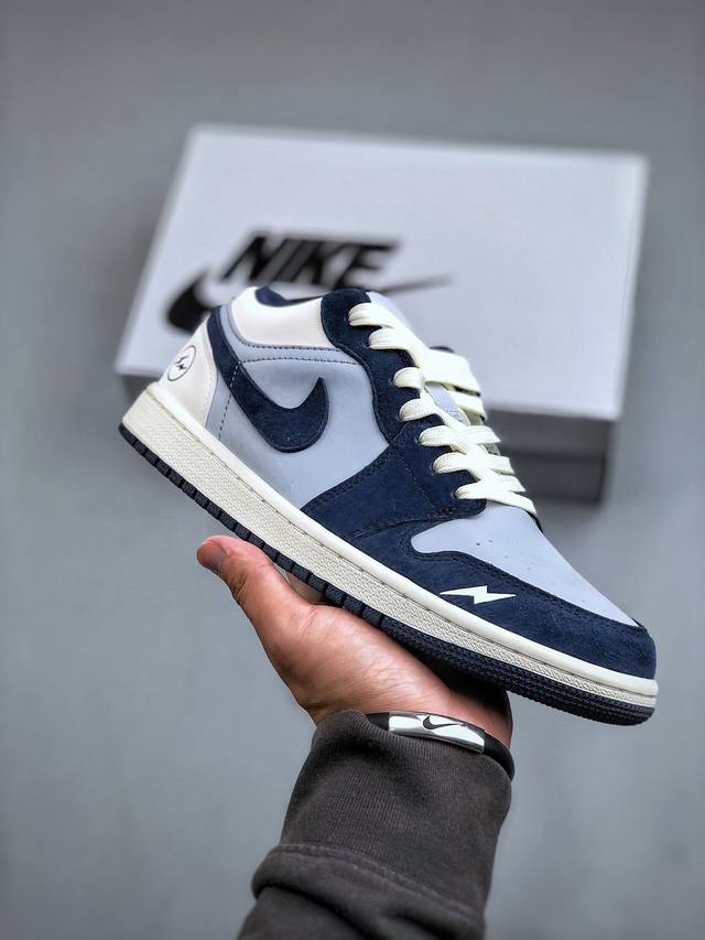 Air Jordan 1 Low Aj1 乔1 闪电联名-米白灰蓝 高端定制 低帮复古篮球鞋 Dc2024-026 #定制鞋盒 大厂纯原品质出货 超高清洁度 皮