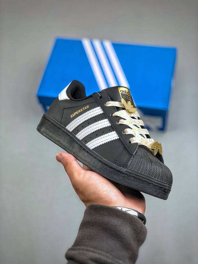 Adidas Originals Superstar 经典贝壳头系列金标黑白色 原厂sd皮 全配色原鞋开发 电脑针车 Logo针车间距针数原版一致 皮料切割冲裁