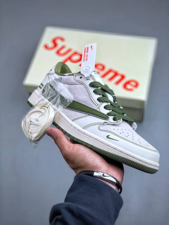 Travis Scott X Fragment Design X Air Jordan 1 Low Og Sp Aj1 乔1 Supreme联名-米白绿勾 低帮