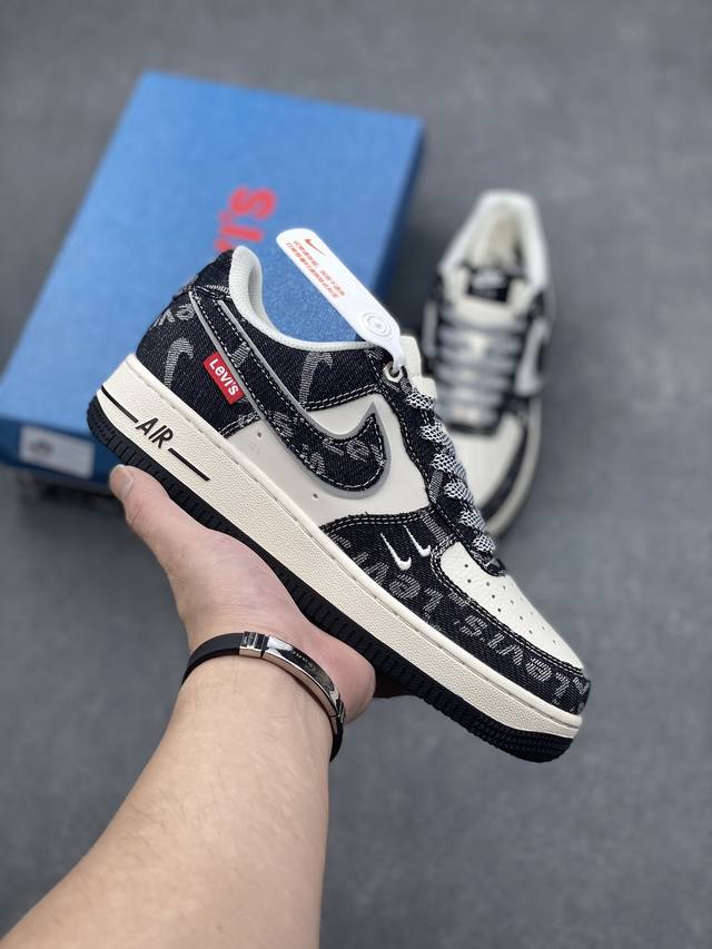 海外限量发售！公司级nike Air Force 1 '07 Low “李维斯联名--双勾米黑”空军一号 低帮 运动鞋 休闲鞋 折边针车 工艺难度大 原楦头原纸