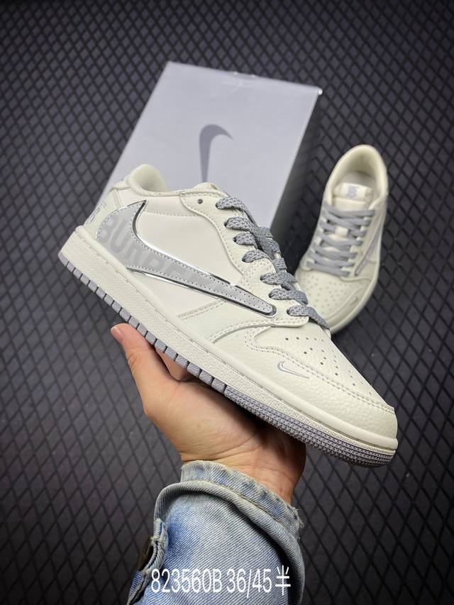 Travis Scott X Fragment Design X Air Jordan 1 Low Og Sp Aj1 乔1 巴宝莉联名-米白银灰 低帮文化休闲