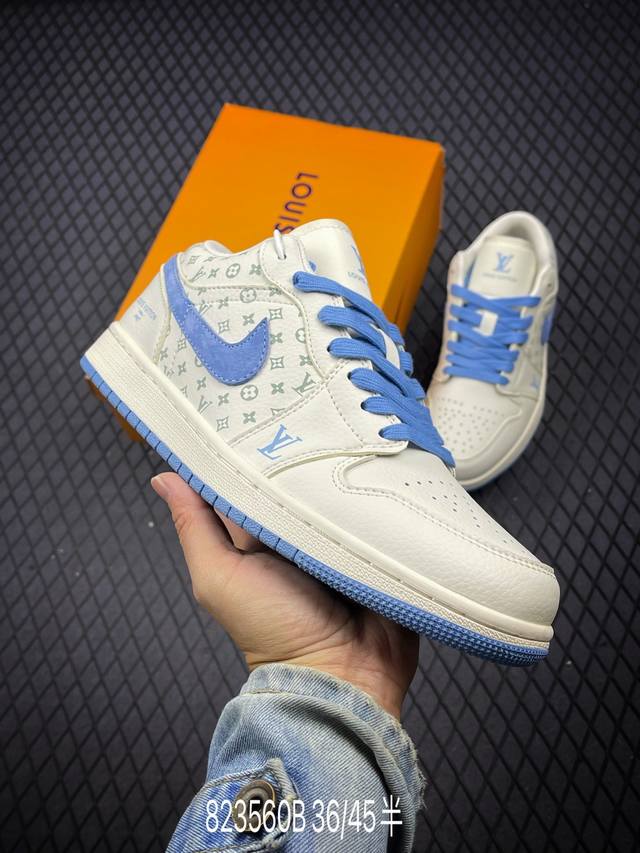 Air Jordan 1 Low Aj1 乔1 Lv联名-米蓝印花 高端定制 低帮复古篮球鞋 Wg8850-008 #定制鞋盒 大厂纯原品质出货 超高清洁度 皮