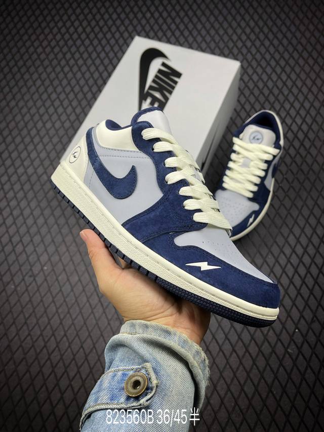 Air Jordan 1 Low Aj1 乔1 闪电联名-米白灰蓝 高端定制 低帮复古篮球鞋 Dc2024-026 #定制鞋盒 大厂纯原品质出货 超高清洁度 皮