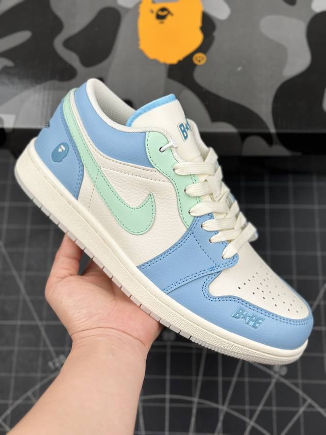 核心私 Air Jordan 1 Low Aj1 乔1 Bape联名-天青蓝 高端定制 低帮复古篮球鞋 #定制鞋盒 大厂纯原品质出货 超高清洁度 皮料切割干净无