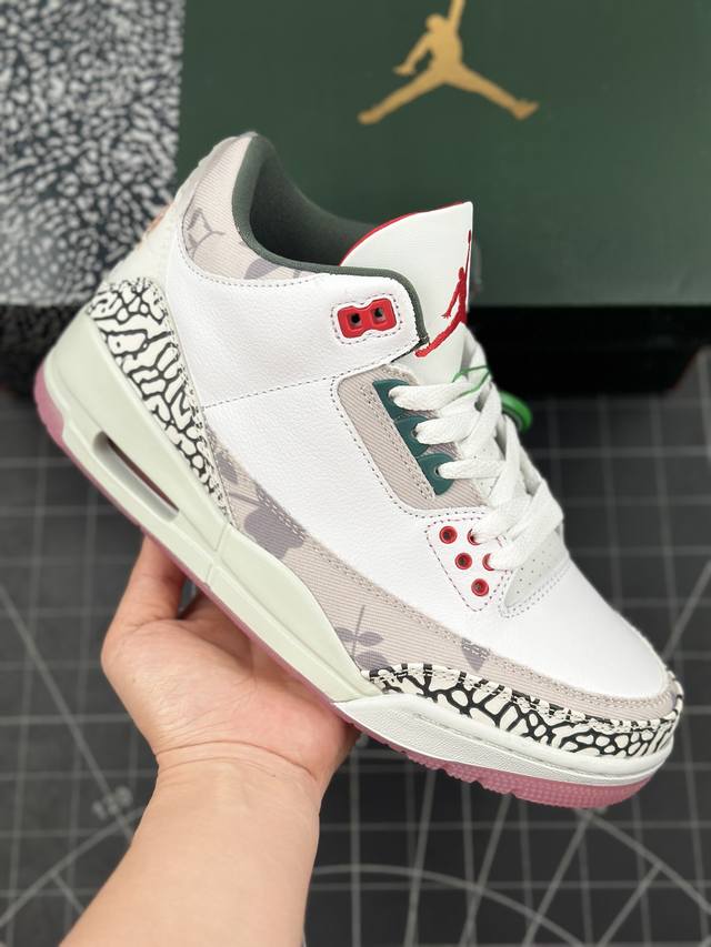 核心私 头层带半码耐克 Air Jordan 3 Retro Wings Aj3 乔3花卉 皮革潮流 防滑耐磨包裹性 中帮复古篮球鞋 #鞋身以白色为主色调呈现，