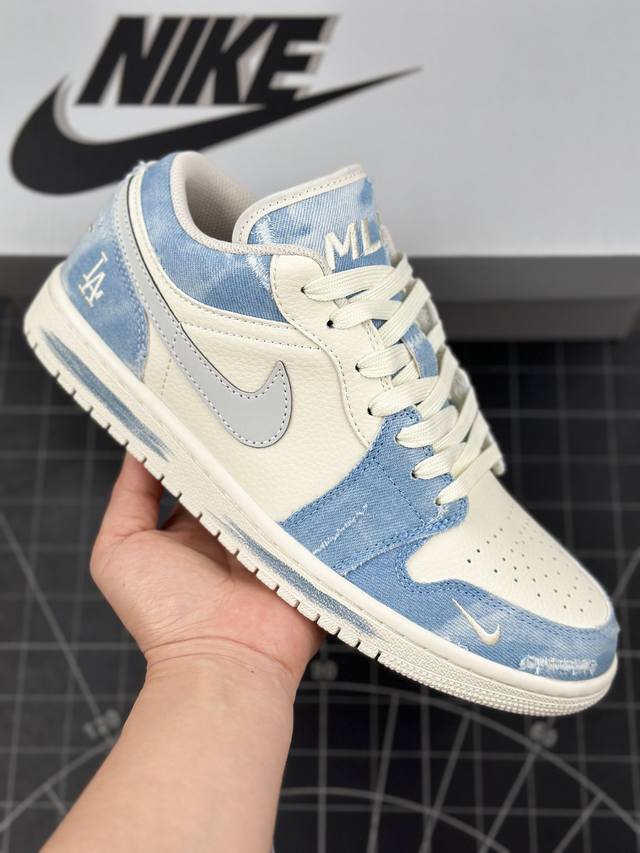 核心私 Air Jordan 1 Low Aj1 乔1 Mlb联名-复古蓝牛仔 高端定制 低帮复古篮球鞋 #定制鞋盒 大厂纯原品质出货 超高清洁度 皮料切割干净