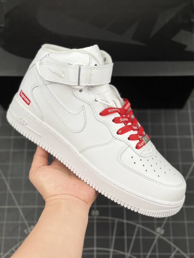 核心私 公司级supreme X Nike Air Force 1'07 Mid Black 空军一号系列经典中帮百搭休闲运动板鞋“皮革白红logo” #男女鞋