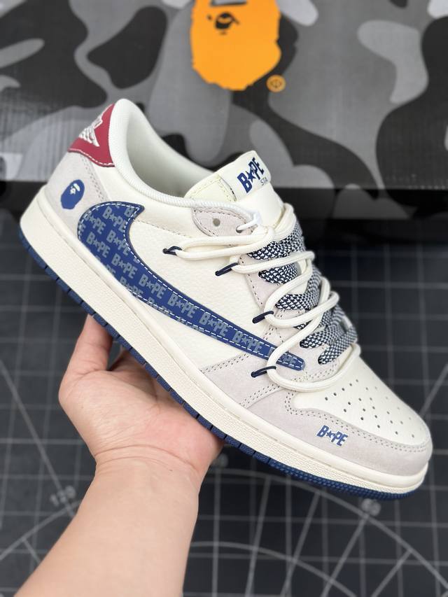 核心私 Travis Scott X Fragment Design X Air Jordan 1 Low Og Sp Aj1 乔1 Bape联名-蓝勾抽绳 低