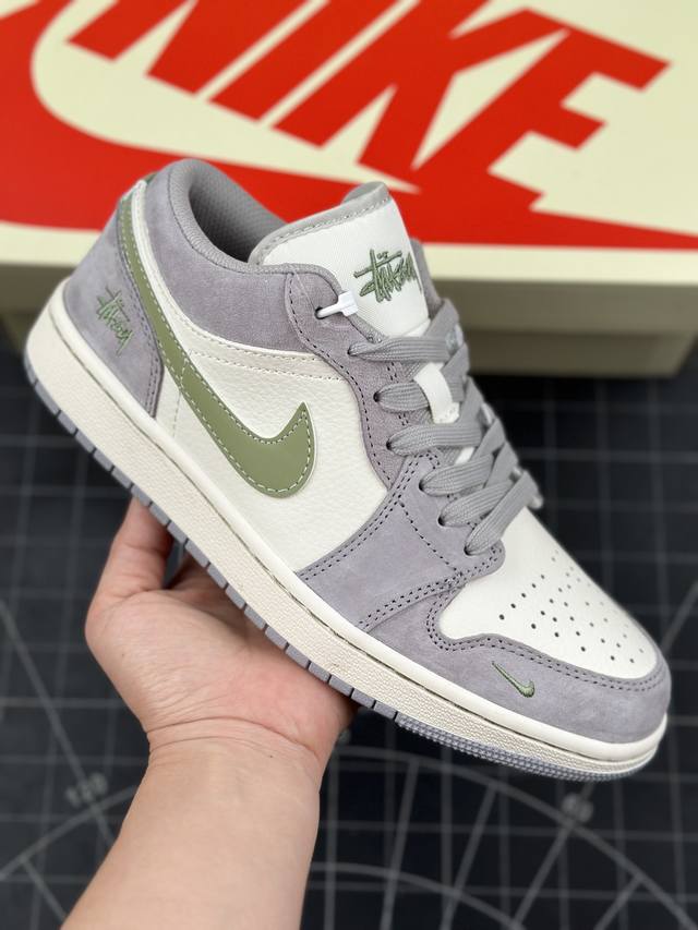 核心私 Air Jordan 1 Low Aj1 乔1 斯图西联名-淡绿优雅灰 高端定制 低帮复古篮球鞋 #定制鞋盒 大厂纯原品质出货 超高清洁度 皮料切割干净