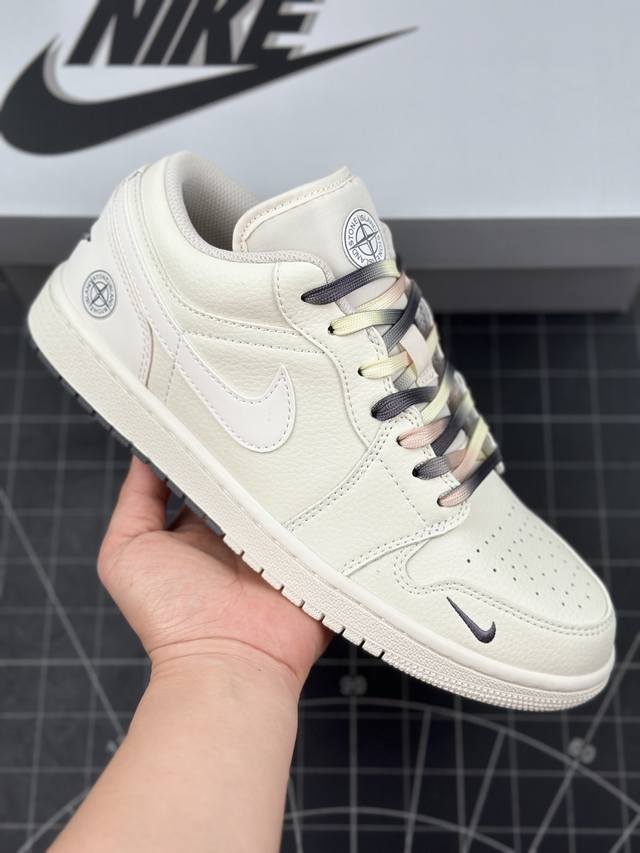 核心私 Air Jordan 1 Low Aj1 乔1 石头岛联名-米白黑双拼 高端定制 低帮复古篮球鞋 #定制鞋盒 大厂纯原品质出货 超高清洁度 皮料切割干净