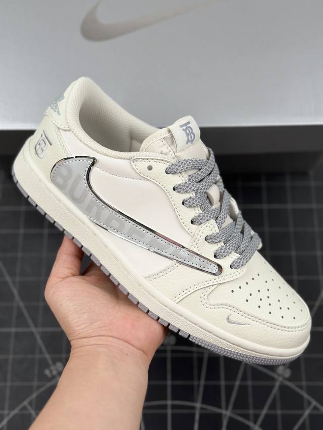 核心私 Travis Scott X Fragment Design X Air Jordan 1 Low Og Sp Aj1 乔1 巴宝莉联名-米白银灰 低帮