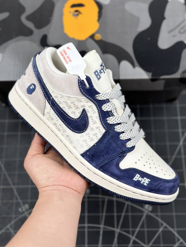 核心私 Air Jordan 1 Low Aj1 乔1 Bape联名-蓝灰猪八 高端定制 低帮复古篮球鞋 #定制鞋盒 大厂纯原品质出货 超高清洁度 皮料切割干净