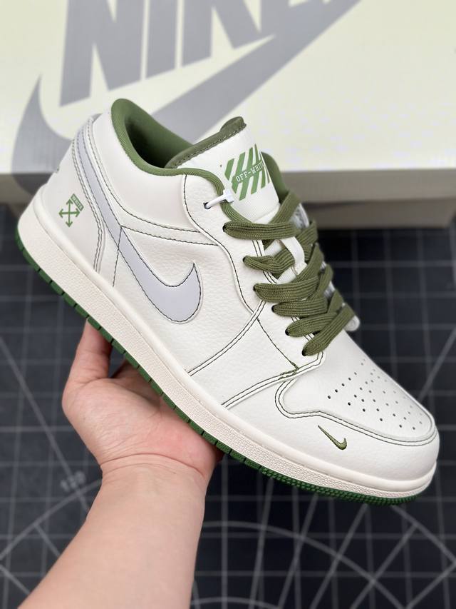 核心私 Air Jordan 1 Low Aj1 乔1 Off-White联名-米绿线条 高端定制 低帮复古篮球鞋 #定制鞋盒 大厂纯原品质出货 超高清洁度 皮