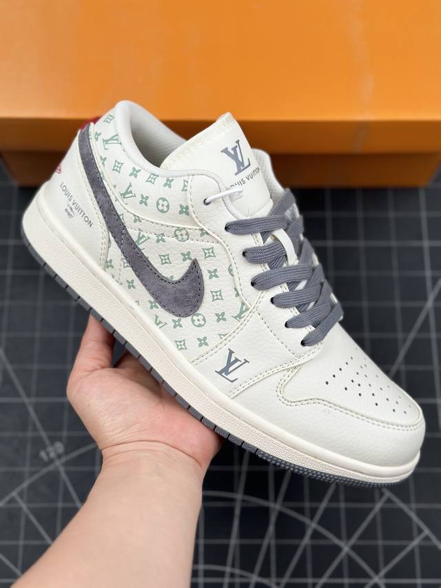 核心私 Air Jordan 1 Low Aj1 乔1 Lv联名-印花米白 高端定制 低帮复古篮球鞋 #定制鞋盒 大厂纯原品质出货 超高清洁度 皮料切割干净无任