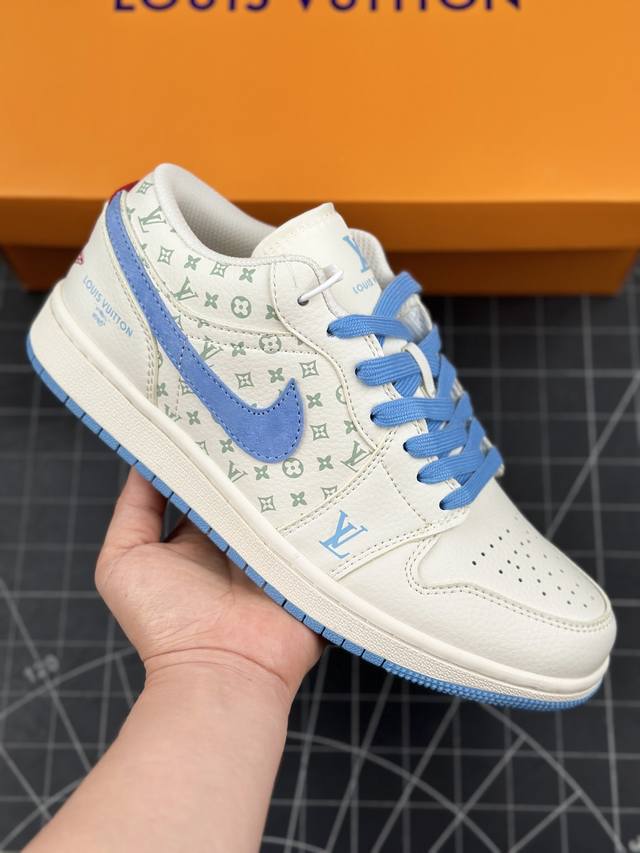 核心私 Air Jordan 1 Low Aj1 乔1 Lv联名-米蓝印花 高端定制 低帮复古篮球鞋 #定制鞋盒 大厂纯原品质出货 超高清洁度 皮料切割干净无任