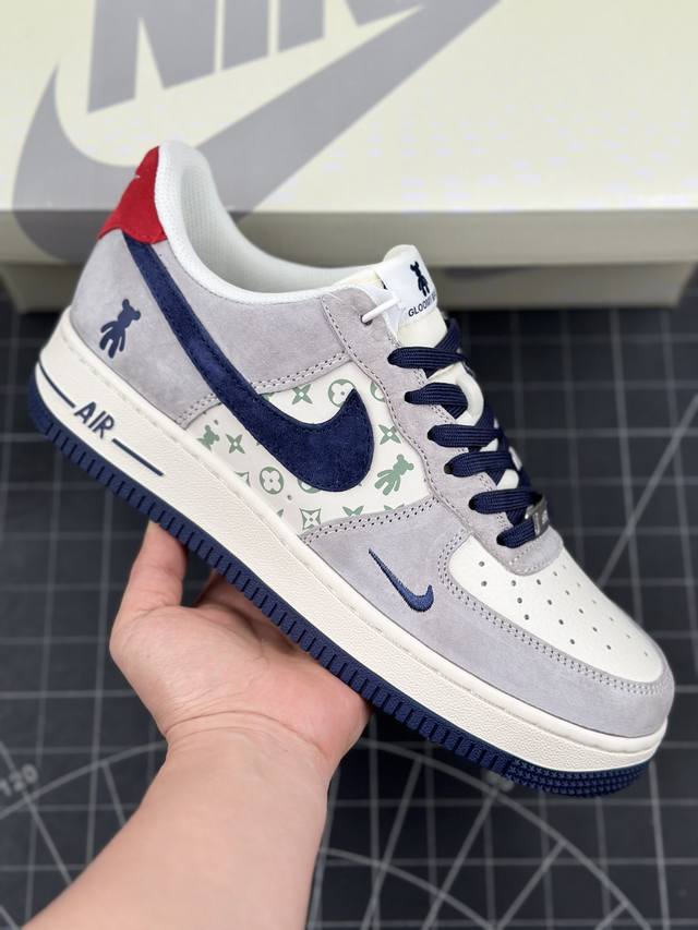 核心私 公司级nike Air Force 1 '07 Low “暴力熊联名--灰蓝印花”空军一号 低帮运动休闲鞋 折边针车 工艺难度大 原楦头原纸板 原装鞋盒