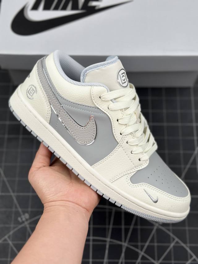 核心私 Air Jordan 1 Low Aj1 乔1 冠希联名-米白银边灰 高端定制 低帮复古篮球鞋 #定制鞋盒 大厂纯原品质出货 超高清洁度 皮料切割干净无