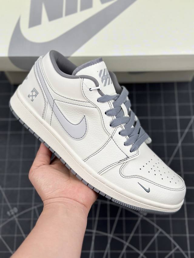 核心私 Air Jordan 1 Low Aj1 乔1 Off-White联名-米绿灰条 高端定制 低帮复古篮球鞋 #定制鞋盒 大厂纯原品质出货 超高清洁度 皮