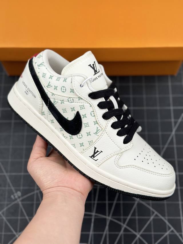 核心私 Air Jordan 1 Low Aj1 乔1 Lv联名-印花深蓝勾 高端定制 低帮复古篮球鞋 #定制鞋盒 大厂纯原品质出货 超高清洁度 皮料切割干净无