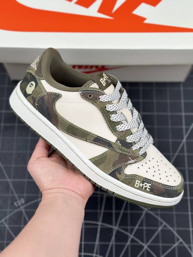 核心私 Travis Scott X Fragment Design X Air Jordan 1 Low Og Sp Aj1 乔1 Bape联名-军绿 低帮文