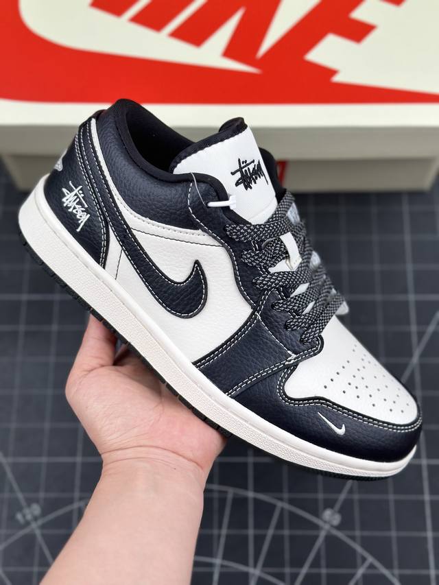 核心私 Air Jordan 1 Low Aj1 乔1 斯图西联名-米黑缝线 高端定制 低帮复古篮球鞋 #定制鞋盒 大厂纯原品质出货 超高清洁度 皮料切割干净无