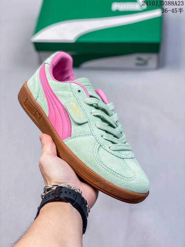 彪马PUMA Palermo Leather 巴勒莫系列低帮德训风拼接皮革复古百搭休闲运动板鞋“粉绿棕” 货号：397549 01 11748 尺码：36 37