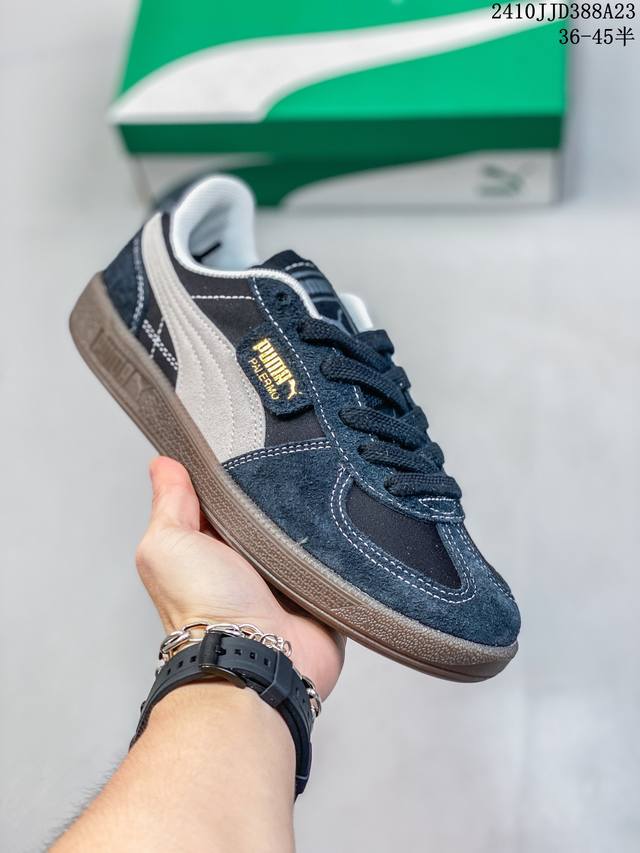 彪马PUMA Palermo Leather 巴勒莫系列低帮德训风拼接皮革复古百搭休闲运动板鞋“粉绿棕” 货号：397549 01 11748 尺码：36 37