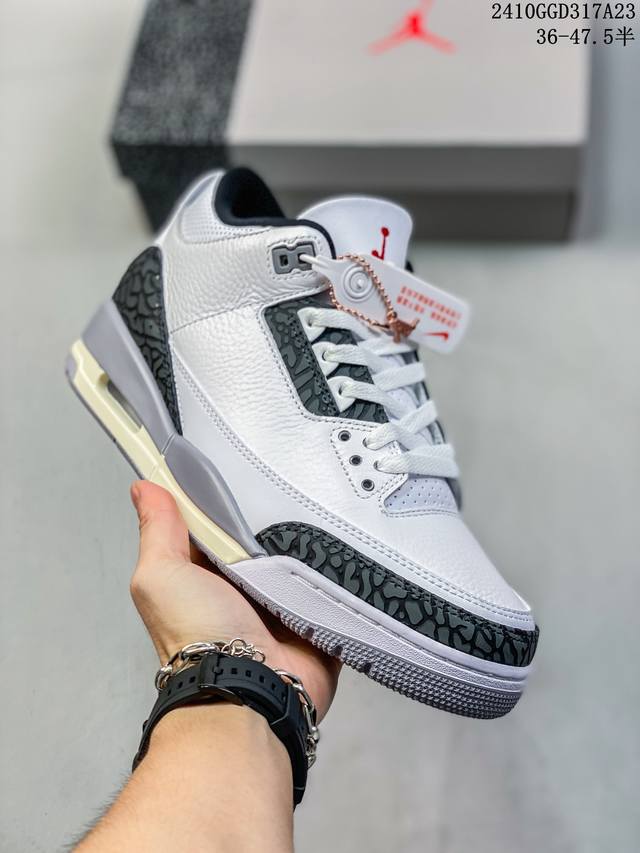 公司级Air Jordan 3 Retro 复刻白水泥 AJ3 乔丹3代 aj3 乔3 经典复刻白水泥 乔丹篮球鞋系列 鞋身以白色为主调，采用优质皮革材质搭配鞋