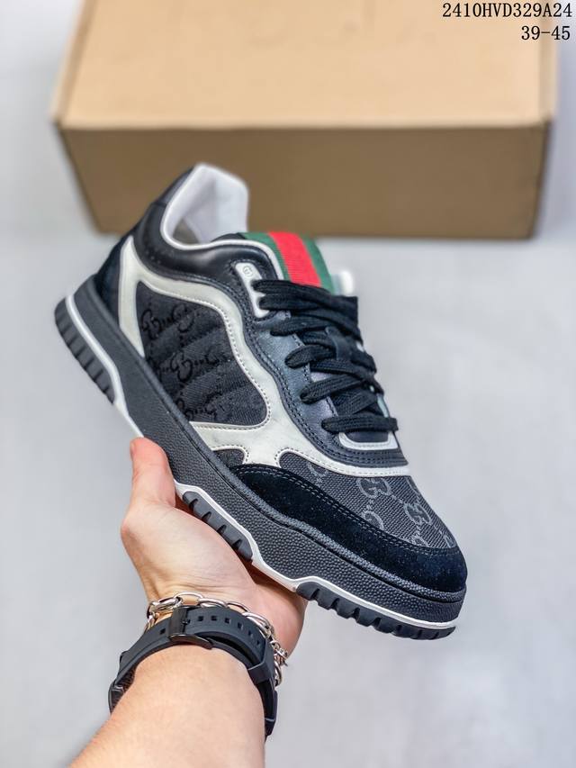 广东大厂 手提礼盒版 全套包装 古驰 Gucci Re-Web 24C Leather Sneakers Web系列低帮复古百搭训练休闲运动小白板鞋“皮革米白乌