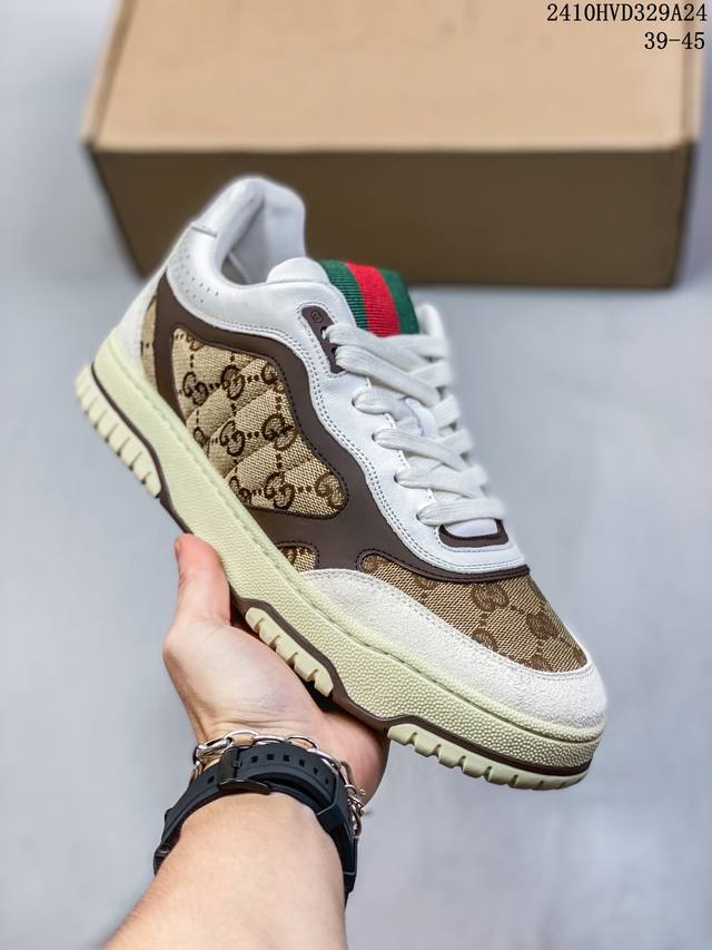 广东大厂 手提礼盒版 全套包装 古驰 Gucci Re-Web 24C Leather Sneakers Web系列低帮复古百搭训练休闲运动小白板鞋“皮革米白乌