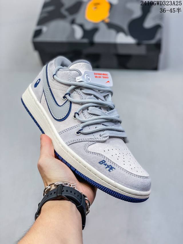 海外爆款限量发售！公司级 Nike Jordan Air Jordan 1“Bape联名 灰蓝抽绳” 高端定制 低帮 复古 减震 防滑 耐磨 篮球鞋 定制鞋盒