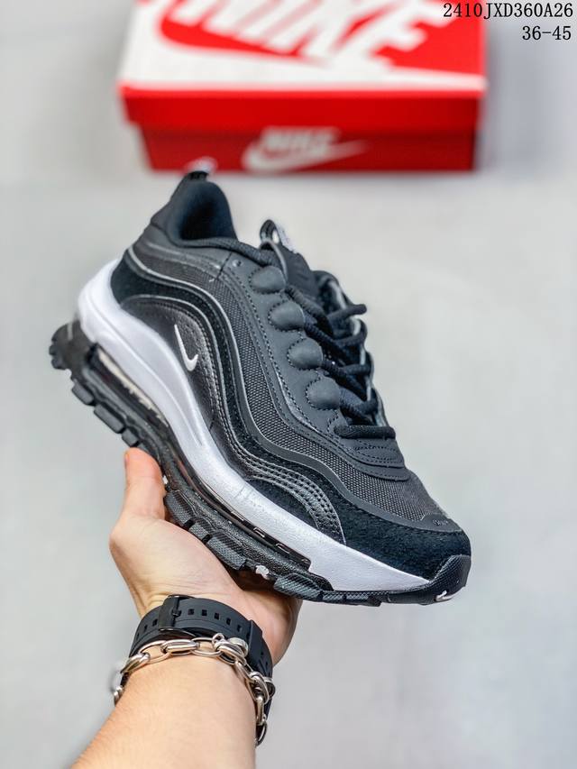 耐克 Nike Air Max 97 小勾子弹复古全掌气垫休闲运动鞋，鞋身Swoosh视觉呈现效果。 以创新搭载可视全掌Max Air和演绎疾速风范的前卫设计，