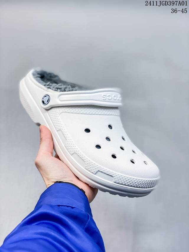 CROCS 卡骆驰 原环保材料,软包无鞋盒美国休闲鞋履品牌 卡骆驰 Crocs Baya Lined Clogs 巴亚系列经典冬季户外穿搭休闲洞洞鞋凉鞋“白浅灰