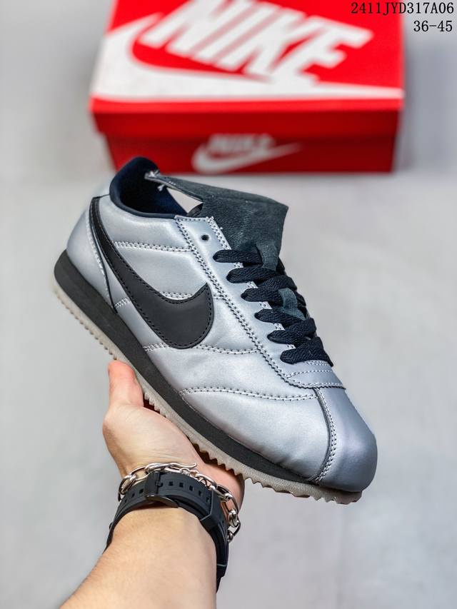 Nike Cortez LEATHER SE Metallic Cool Grey Black 柔软舒适防滑耐磨低帮跑步鞋男女同款 银色 11JYD317A06