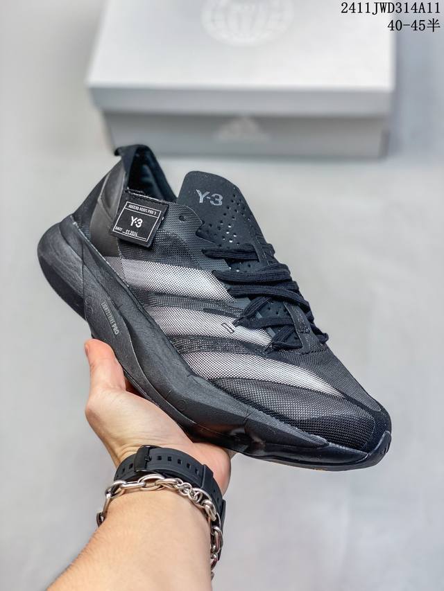 公司级Y-3 Adidas Adizero Adios Pro 3.0 马拉松飞线贾卡轻质透气休闲运动跑步鞋 采用双层透气网纱 Flywire动态飞线绑缚鞋面材