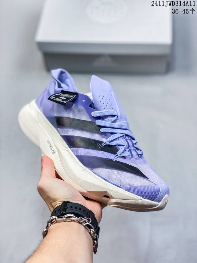 公司级Y-3 Adidas Adizero Adios Pro 3.0 马拉松飞线贾卡轻质透气休闲运动跑步鞋 采用双层透气网纱 Flywire动态飞线绑缚鞋面材