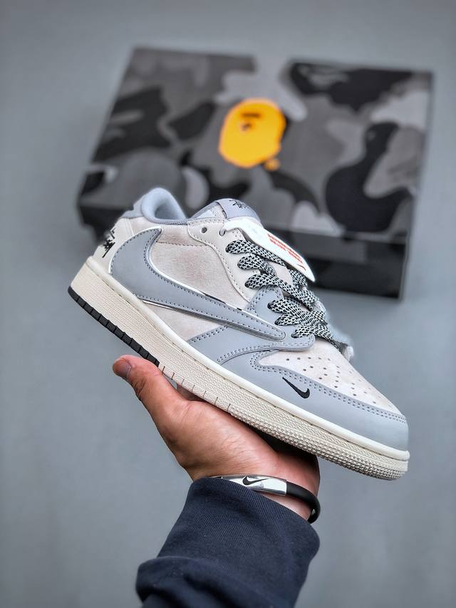 Travis Scott x Fragment Design x Air Jordan 1 Low OG SP AJ1 乔1 Bape联名-鳄鱼皮黑白蓝 低帮文