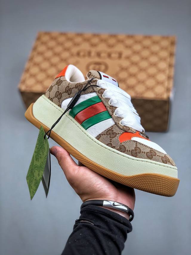 Gucci 2024最新情侣款胖嘟嘟小脏鞋~~厚底鞋~~休闲鞋~~运动鞋~~ 鞋面牛皮拼接经典双G布面料，头层羊皮内里，垫脚乳胶注塑一体，私模6cm厚TPU双色