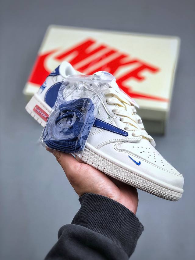 Travis Scott x Fragment Design x Air Jordan 1 Low OG SP AJ1 乔1 Supreme联名-米白蓝勾 低帮