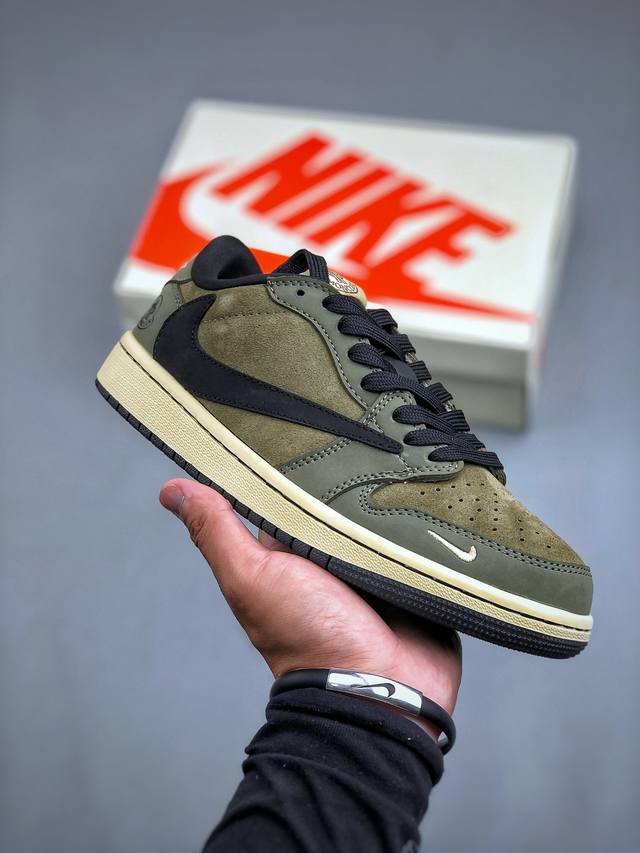 Travis Scott x Fragment Design x Air Jordan 1 Low OG SP AJ1 乔1 蒙口联名-暗绿黑勾 低帮文化休闲板