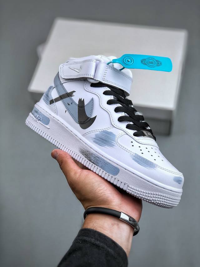 Nike Air Force 1 Mid’07 手绘 断裂 三勾阴影 喷绘 空军一号绑带中帮休闲板鞋 定制皮料 原厂3D打印 定制鞋盒 原楦原纸板 纯正空军版型