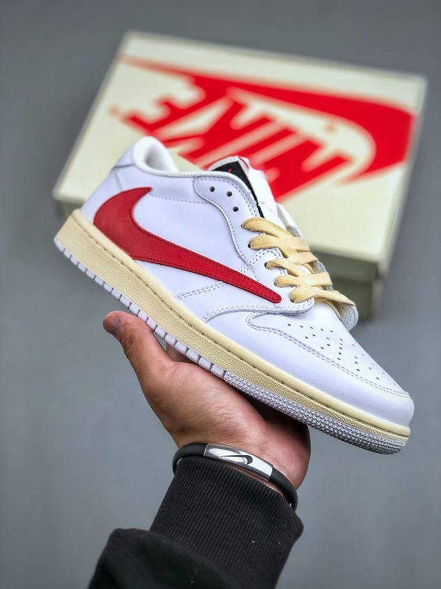 AJ1倒勾Travis Scott x Air Jordan 1 ” 白红“ AJ1乔1 TS 闪电 联名倒钩 低帮文化篮球鞋 完美品质出货 细节如图所示 鞋面